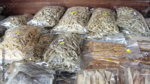 Dried seafood sold at Kukup Fishing Village at Malaysia. The vibrant markets showcase an array of local treasures, from dried seafood and exotic spices to traditional handicrafts