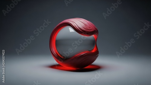 Abstract red fluid ring surrounding glowing sphere on dark background