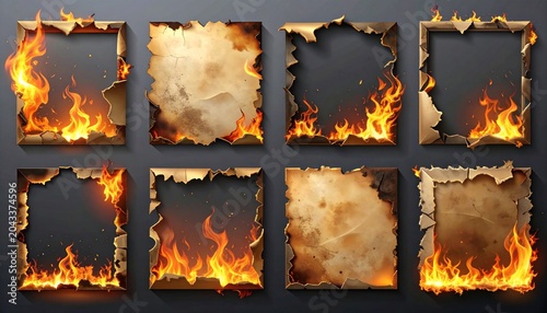 Burning paper frames with flames, charred edges, on a dark background