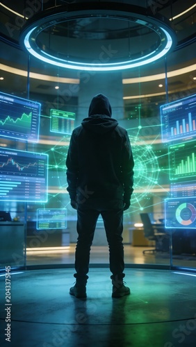 Generative AI depicts a individual analyzing futuristic digital data displays