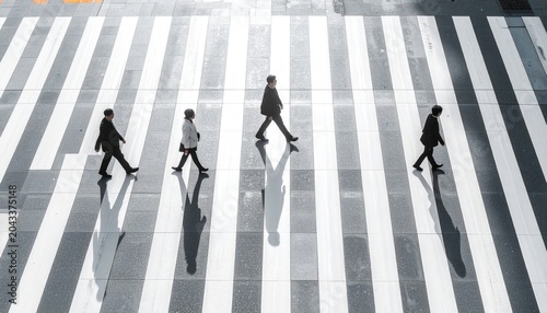 Overhead view of pedestrians crossing a busy street on a zebra crossing
