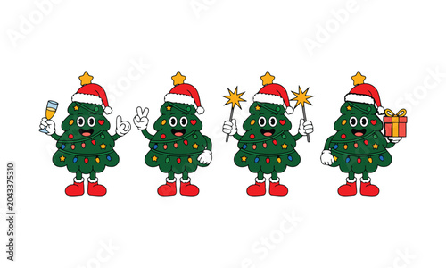 Four cheerful cartoon Christmas trees with faces holding different holiday items