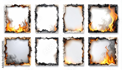 Eight square frames of paper with charred edges, burning flames and smoke