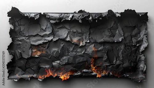 Black paper consumed by fire, revealing charred edges and embers