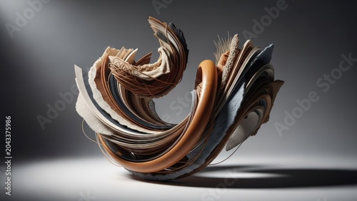 Abstract sculptural form with layered wood, fabric, and textures in studio lighting