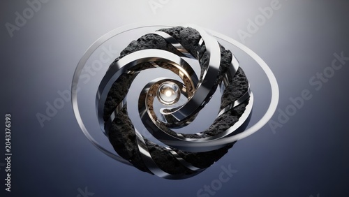 Abstract spiral sculpture with metal and stone elements and glowing center