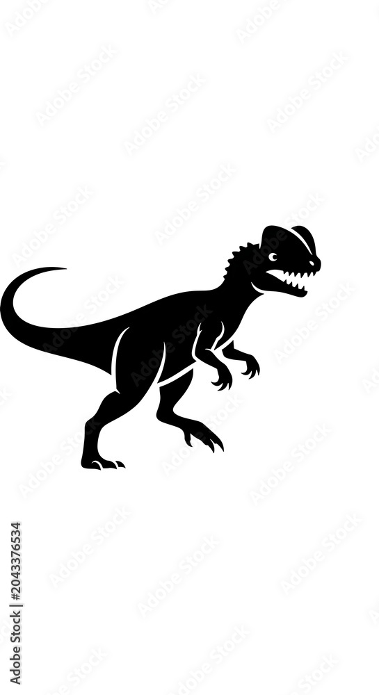 Fototapeta premium Black silhouette of a Dilophosaurus dinosaur icon on white background.