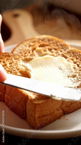 Spreading melted butter on warm toasted bread with knife.