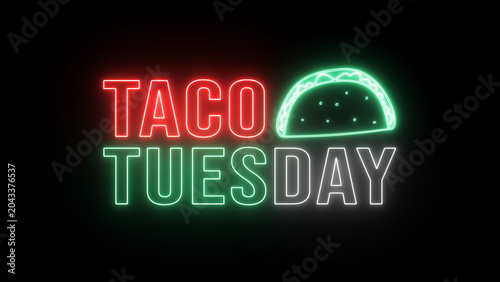 Fotografie Taco Tuesday flickering glowing neon text sign animation on black background mex