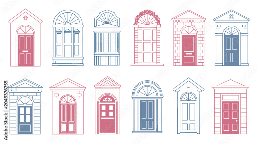 Fototapeta premium An organized collection of diverse architectural door designs featuring intricate line art in shades of pink and blue arranged neatly on a white studio background.