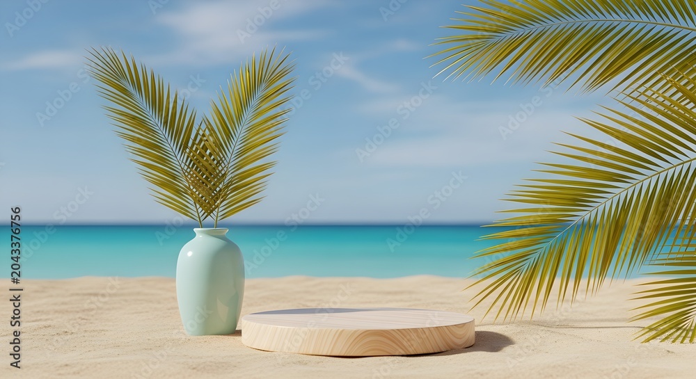 Obraz premium Tropical beach background with wooden podium, vase with palm leaves and turquoise ocean
