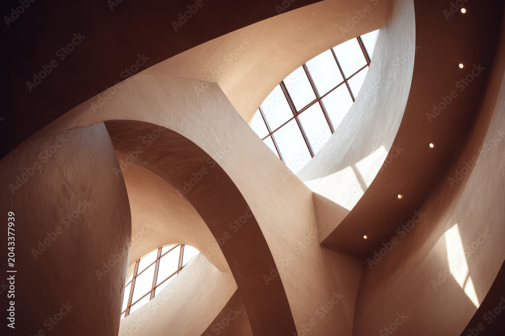 Obraz premium Abstract Warm Interior with Curved Walls and Skylights Casting Shadows