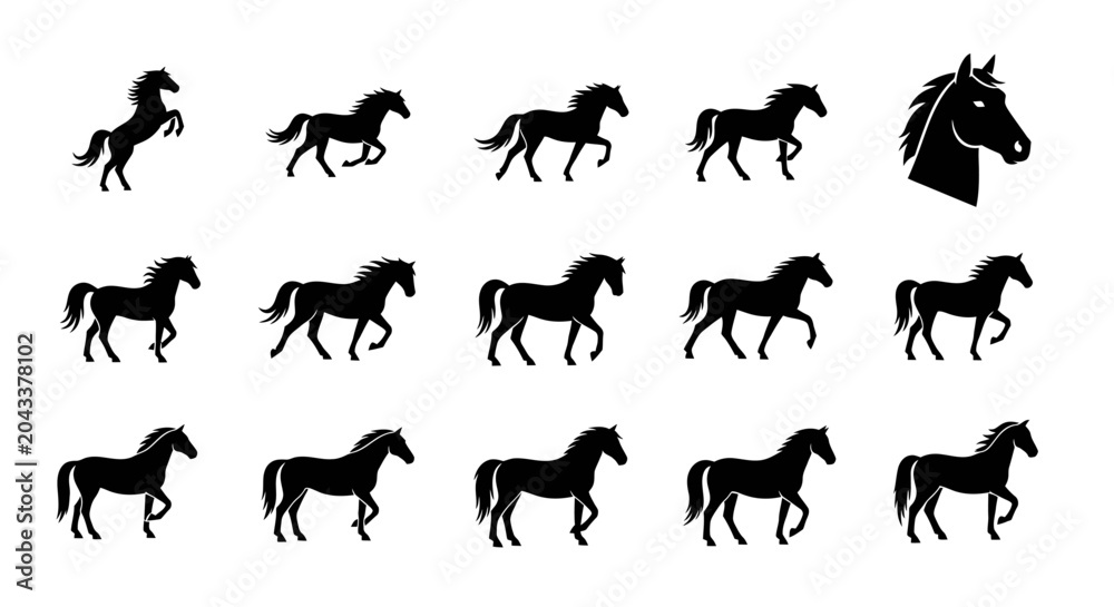 Fototapeta premium Sequence of silhouette horse illustrations depicting a galloping horse in motion, symbolizing speed and agility
