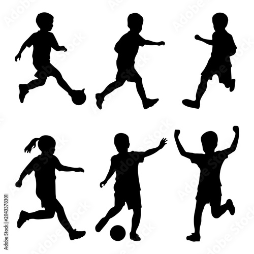 Children Playing Soccer Silhouettes in Dynamic Action Poses Against White Background