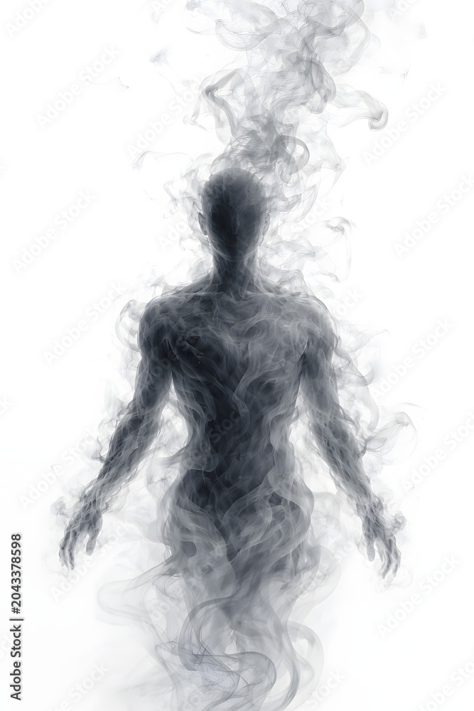 Fototapeta premium Surreal human silhouette formed by swirling grey smoke wisps creates a mysterious ethereal figure standing against a plain white background in this artistic conceptual digital illustration