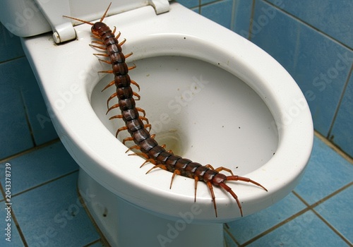 Giant centipede on toilet in bathroom, unexpected pest encounter
