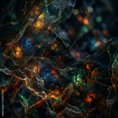 Layered abstract mineral crystal texture displays mysterious dark color sheen.