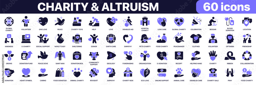 Fototapeta premium Charity and altruism icon collection in purple colored style. Includes volunteering, donations, humanitarian aid, community support and kindness icons in flat fill style