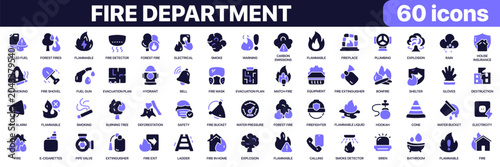 Fotografie Fire department and fire safety icon collection in purple colored style