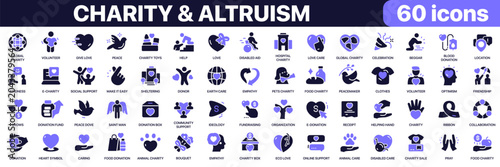 Quadro su tela Charity and altruism icon collection in purple colored style