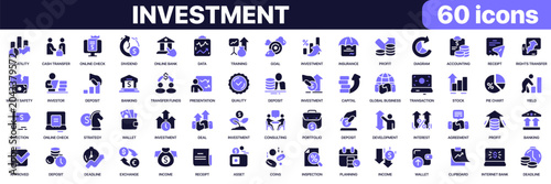 Investment and financial management icon collection in purple colored style. Includes banking, capital growth, portfolio management, accounting and business finance icons in flat fill style