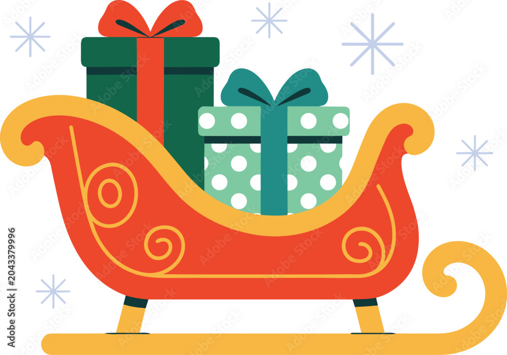 Naklejka premium Watercolor Christmas sleigh vector illustration with hand drawn winter gifts and snowflakes on white