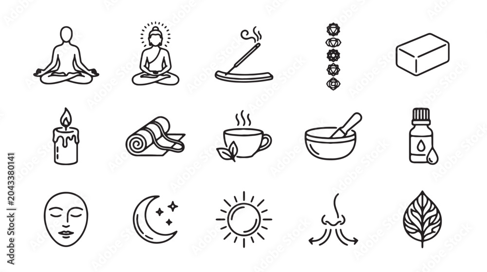 Fototapeta premium Yoga and meditation line icon set, 15 wellness and mindfulness vector elements, zen lifestyle symbols for spa and mental health branding