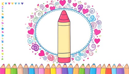 Colorful Cartoon Crayon Centered in Heart Doodle Oval Frame on White Background
