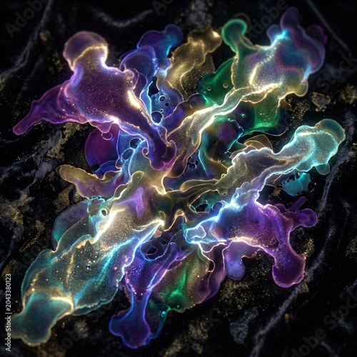Mixture of colorful fluid alcohol ink forms shimmering abstract patterns.