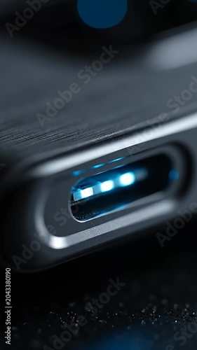 USB-C port with glowing blue LED indicator on device.