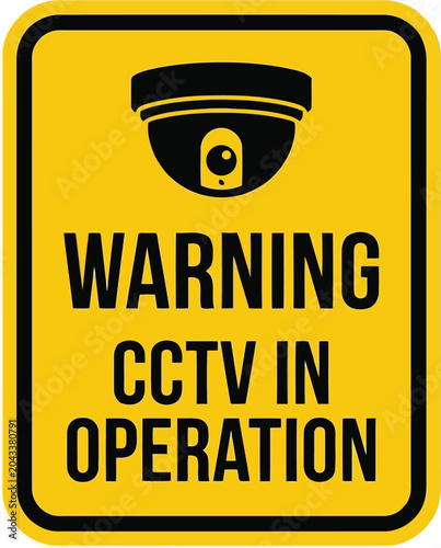 Yellow Warning Sign CCTV Camera Surveillance In Operation Alert