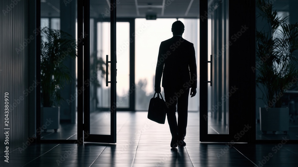 Fototapeta premium Silhouette of a businessman with a briefcase walking out the door of a dark office.