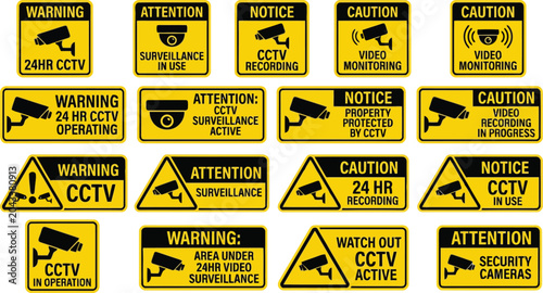 Collection of Yellow CCTV Surveillance Warning and Caution Signs