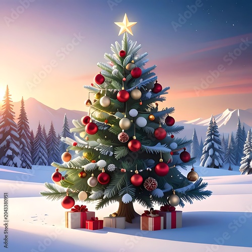 Christmas tree in snowy landscape scene.