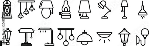 Fotografía lamp collection black and white line art lighting symbols set