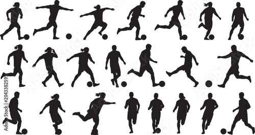 Football Players Silhouette Set Featuring Dribbling, Running and Kicking Actions for Sports Design