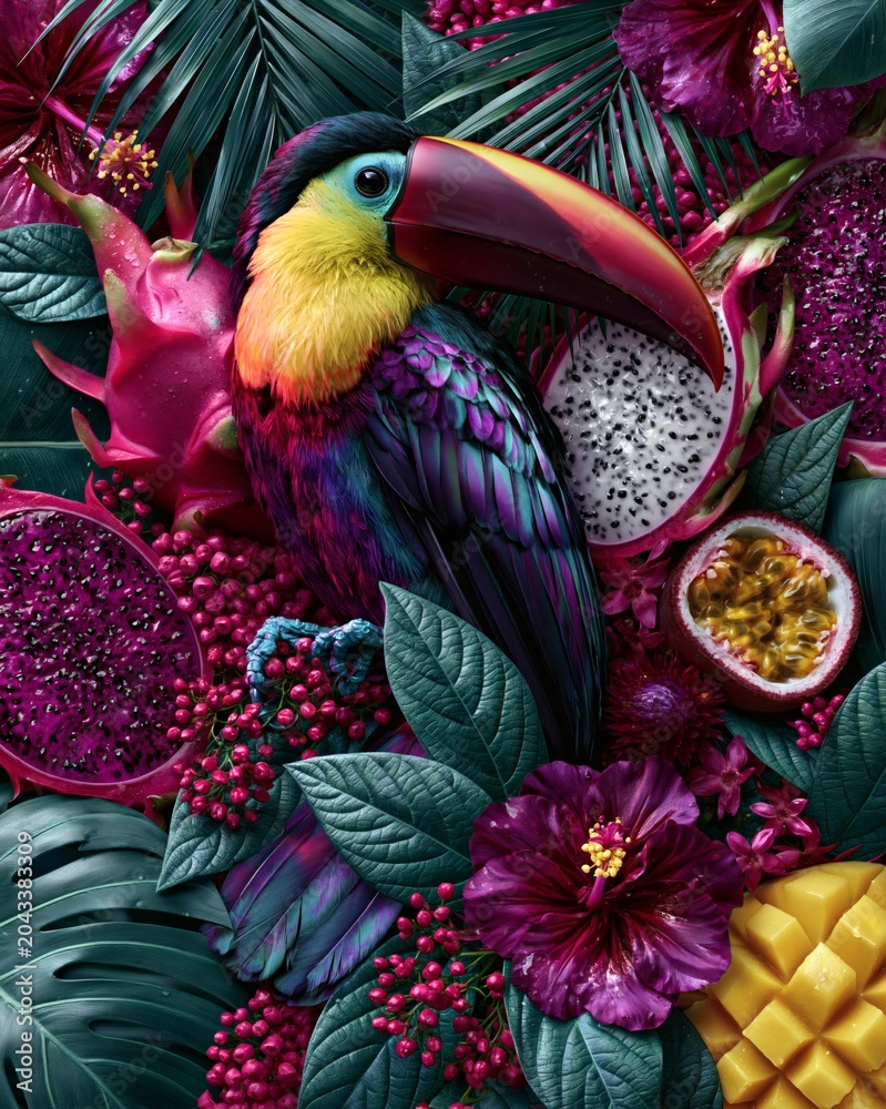 Fototapeta premium Vibrant Toucan Amidst Exotic Fruit and Tropical Flora in Lush Setting