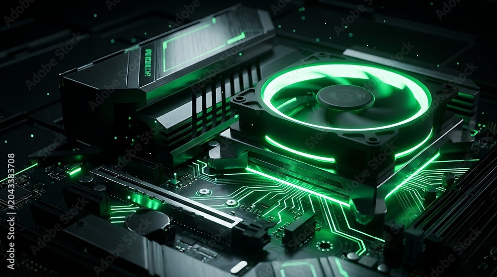 Fototapeta premium Modern computer motherboard close up featuring a powerful cpu cooling fan glowing with bright green neon led light