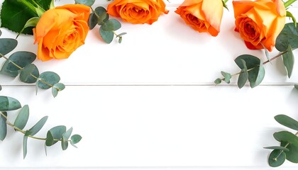 Vibrant Orange Rose Flowers Arranged with Green Eucalyptus on White Wooden Background