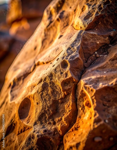 Sunlit Weathered Sandstone Rock Surface with Eroded Holes in Desert Landscape