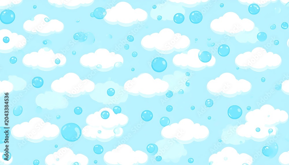 Fototapeta premium Soft White Clouds Floating on Bright Blue Sky Background with Bubbles