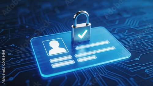 Digital identity verification card with secure authentication lock on futuristic cybersecurity network interface, idea for online privacy protection, secure login access and user credential management