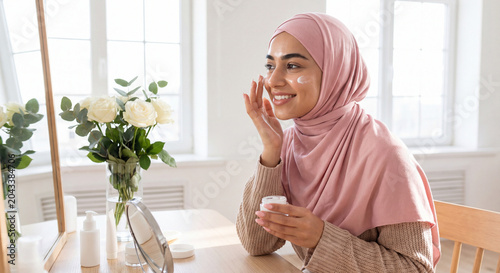 Muslim Woman Applying Facial Moisturizer During Morning Skincare Routine at Home 
