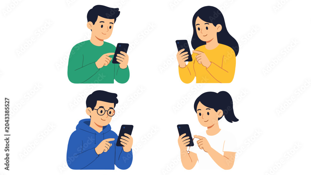 Fototapeta premium Four people using smartphones in flat vector illustration set