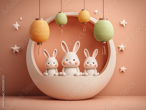 Three cute white bunnies with pink ears and rosy cheeks peeking over soft pink white circle on hot pink backdrop