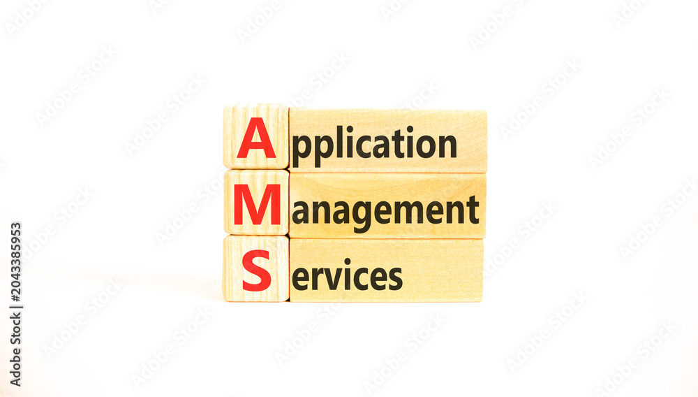 Naklejka premium AMS application management services symbol. Concept words AMS application management services on beautiful wooden blocks. Beautiful white background. Business AMS concept. Copy space.