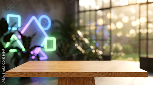 Wooden tabletop mockup for gaming product display with blurred modern room background and neon geometric light shapes