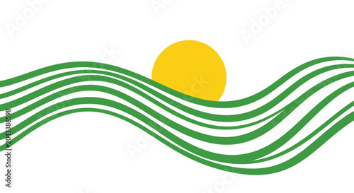 Abstract illustration featuring a yellow sun with green wave elements, clean design
