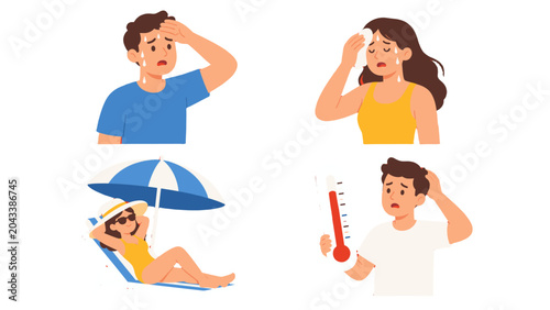 Foto People feeling hot in summer heat flat vector set
