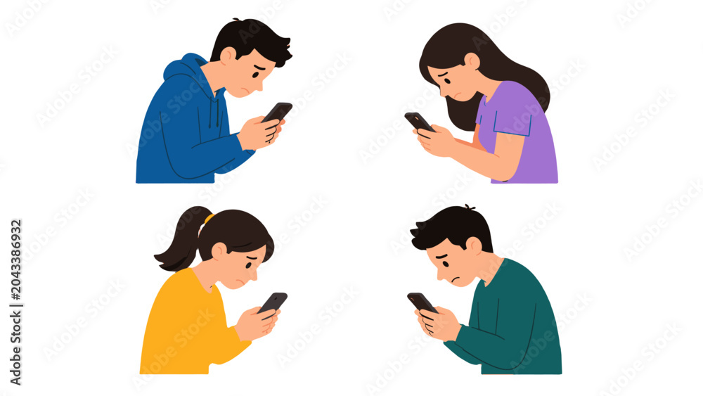 Fototapeta premium Four people looking down at smartphones in flat vector style
